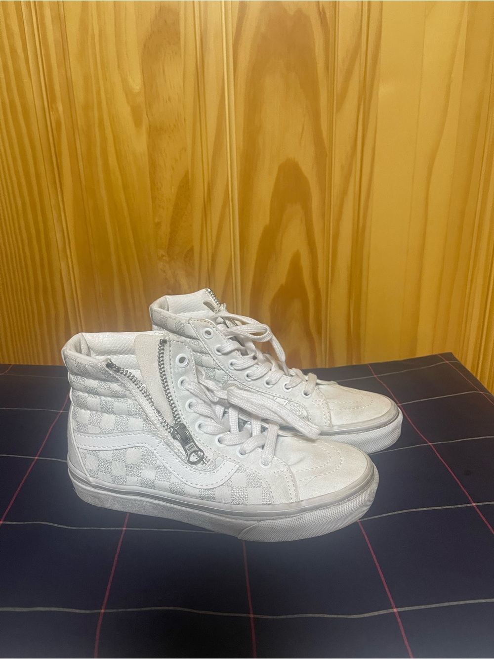 Vans White High-Top Checkerboard Zip-Accent Sneakers